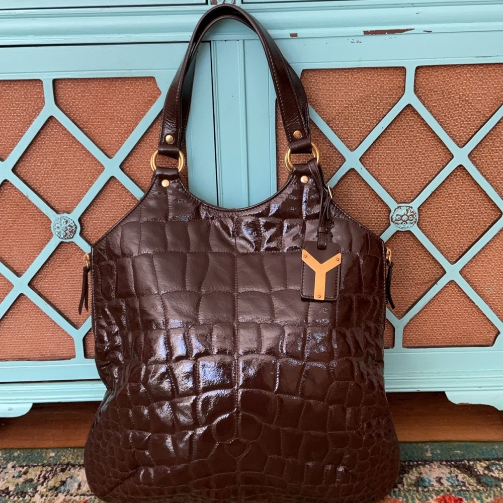 Yves Saint Laurent Brown Crocodile-Embossed Tribute Tote Bag